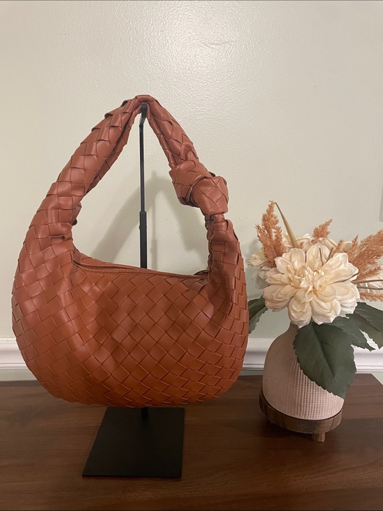 Handbags - Woven Knot Handle Shoulder Bag - Cognac Brown